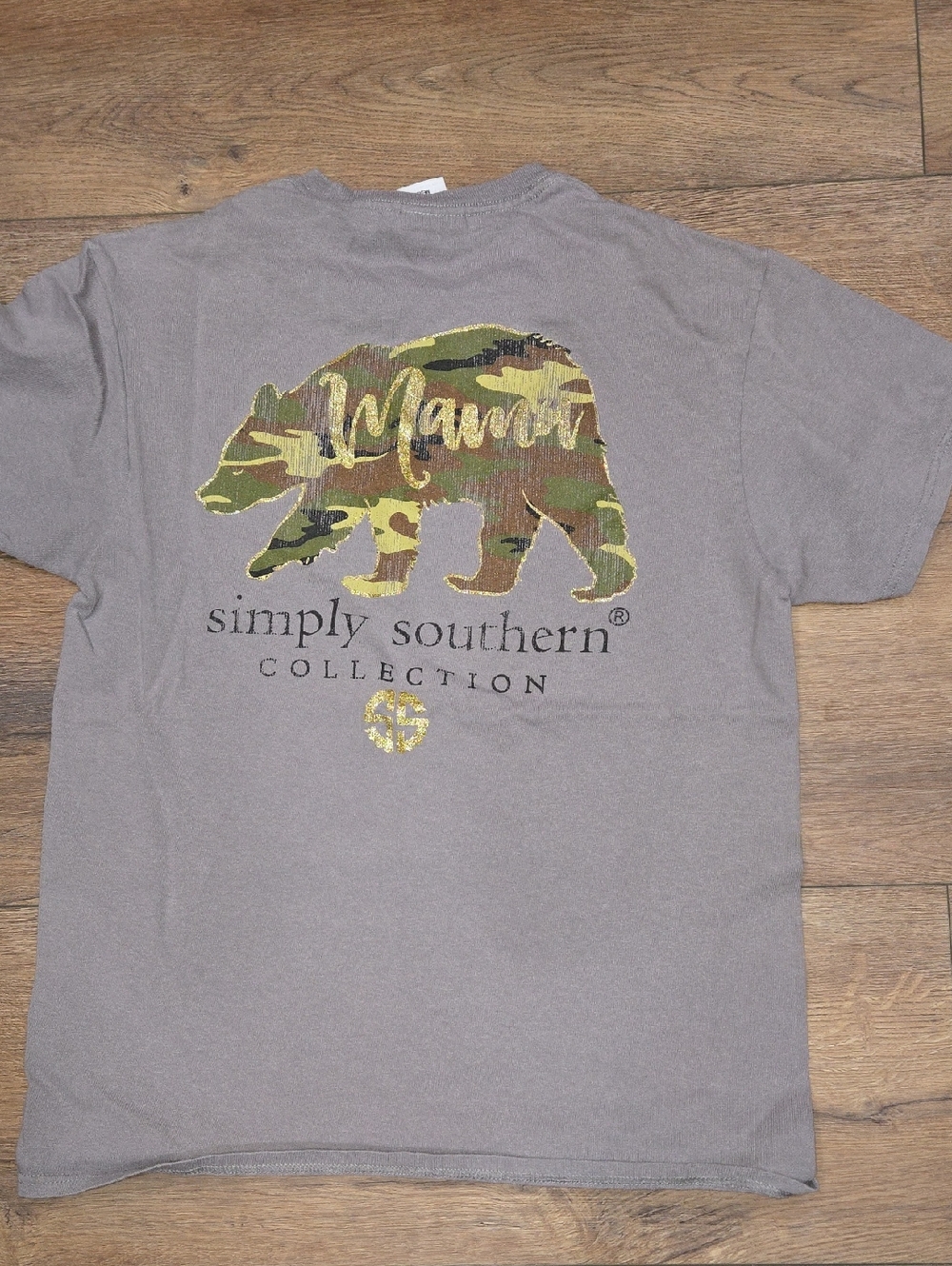 Simply Southern Gray Tee with Camo Bear and Gold Accents